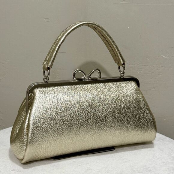 Gold Togo Cowhide Calfskin Handmade “Bow” Shaped Kisslock Baguette Bag/Crossbody - Picture 3 of 16